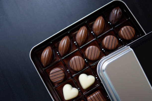 Chocolates arranged in a metal box