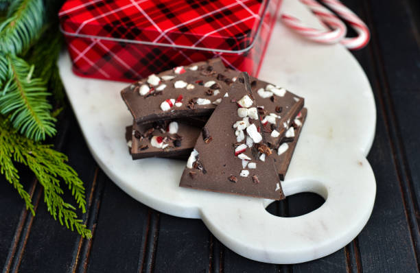 Chunks of peppermint bark on a table